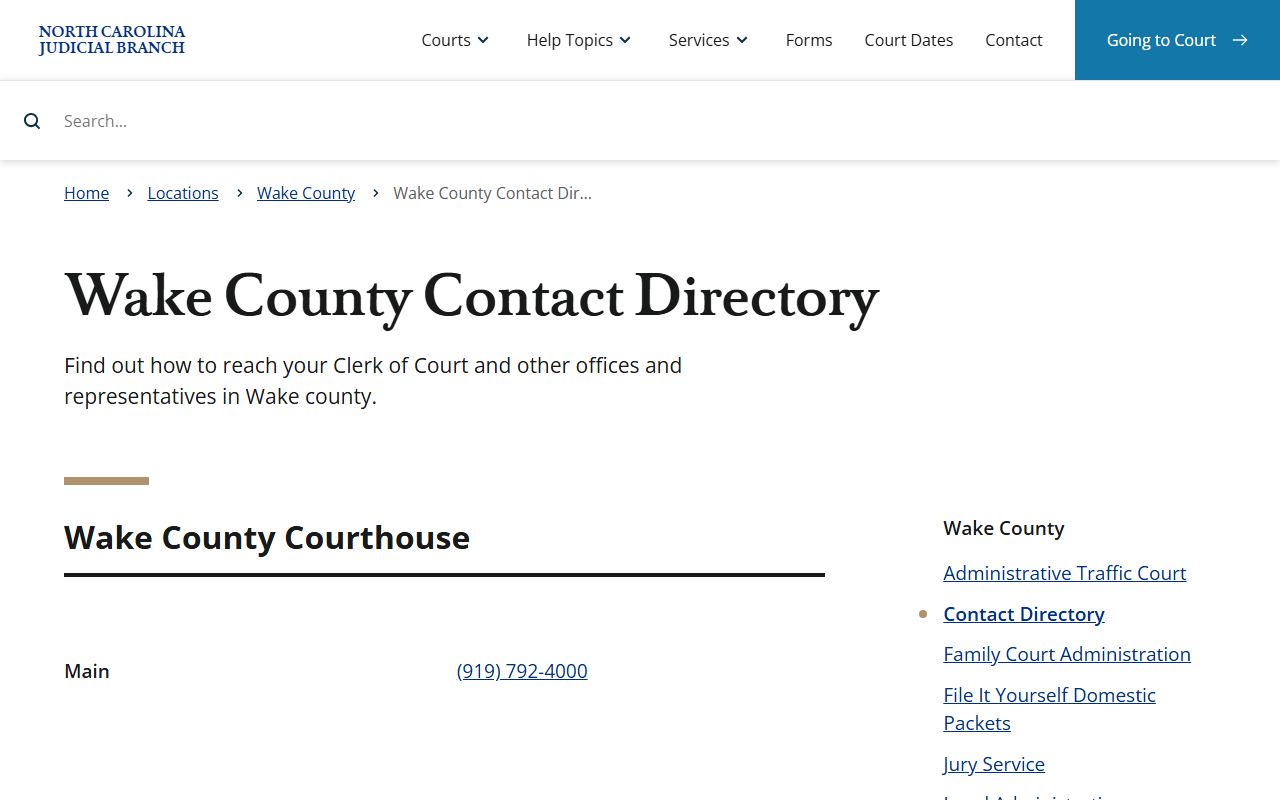 Wake County Clerk of Superior Court contact directory