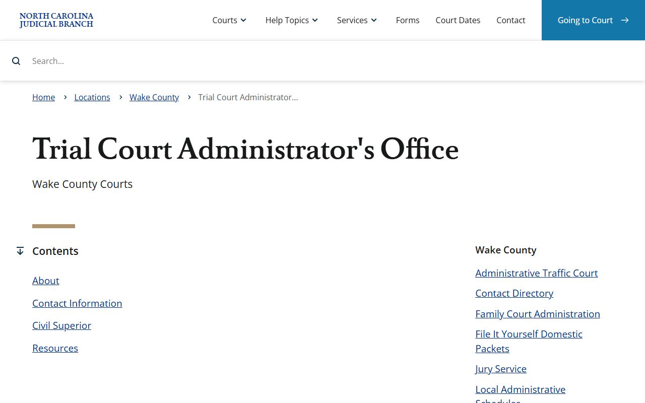 Wake County Clerk of Superior Court Trial Court Administrator page