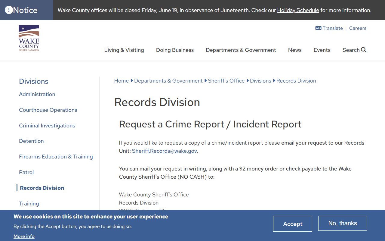 Wake County arrest records and court charges sheriff records division