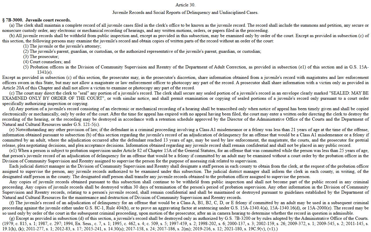 Wake County criminal court records juvenile confidentiality statute