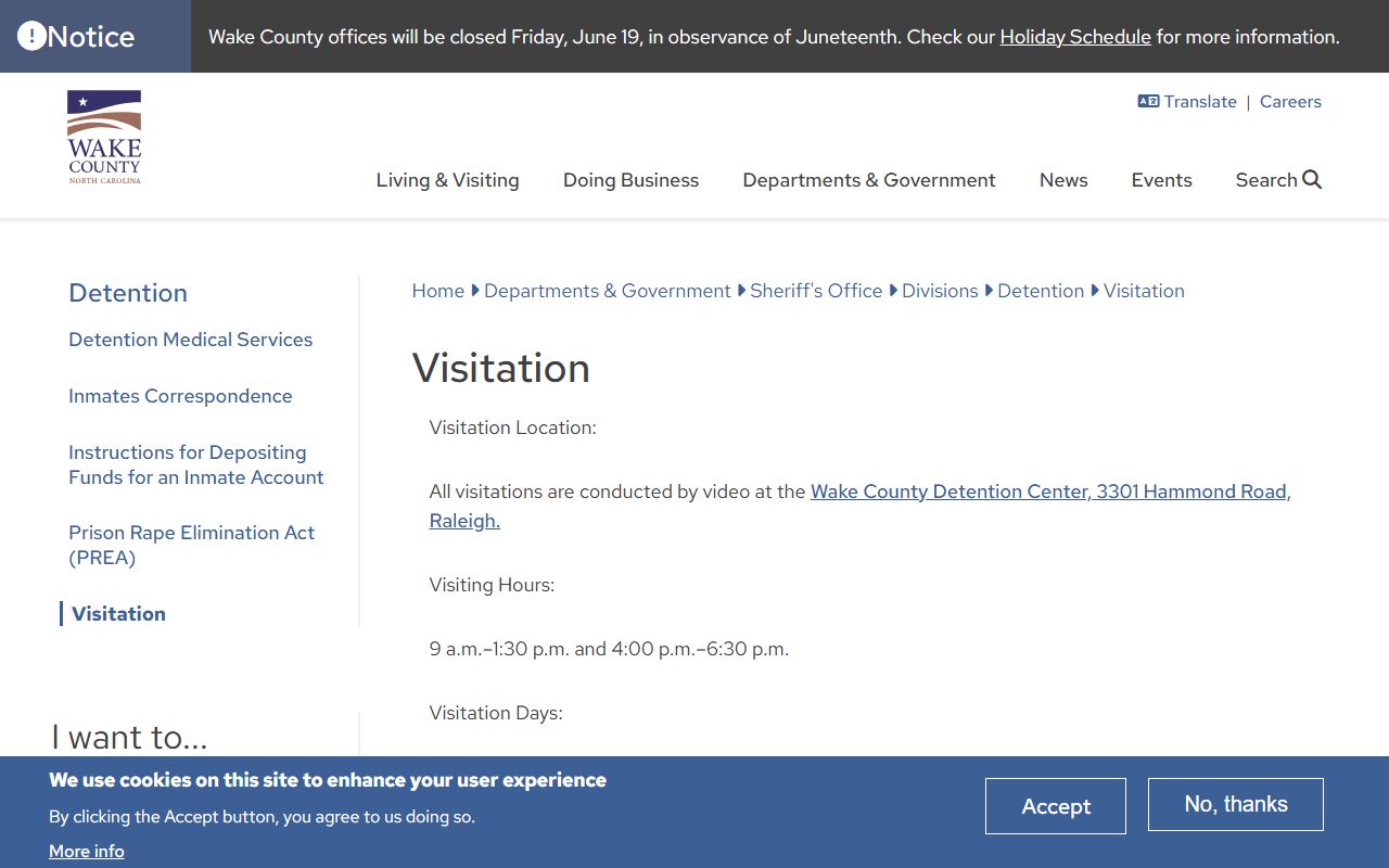 Wake County inmate records jail visitation schedule