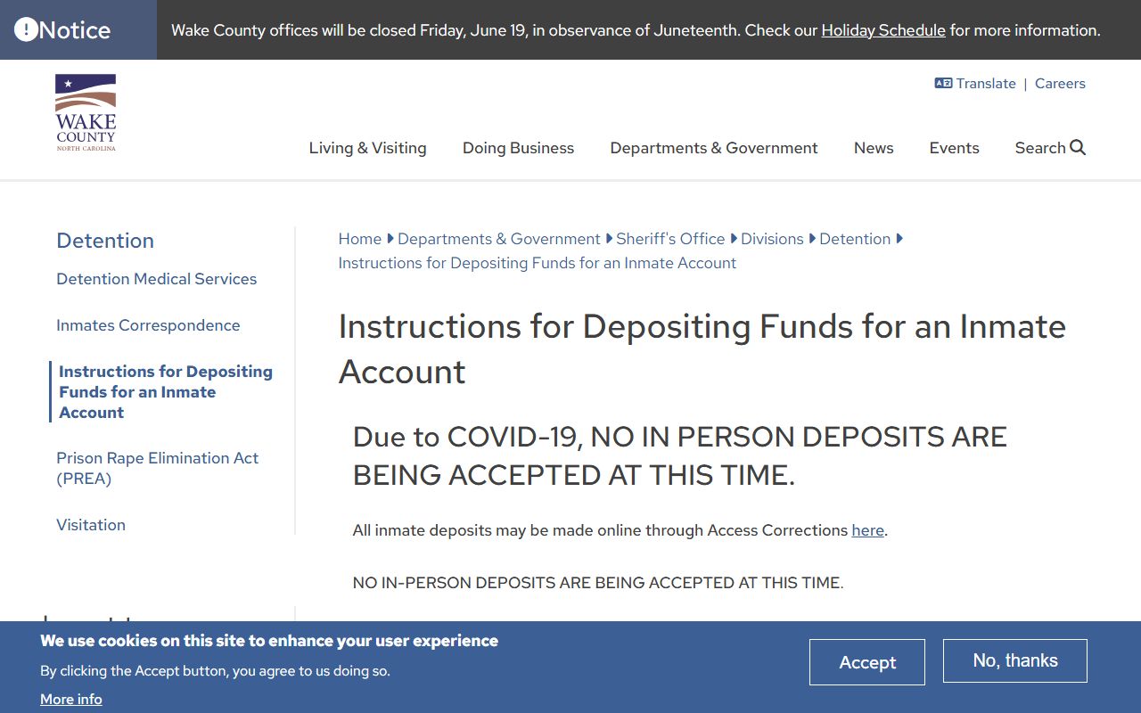 Wake County inmate records account deposits