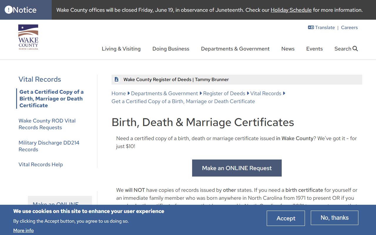 Wake County marriage records certified certificate requests