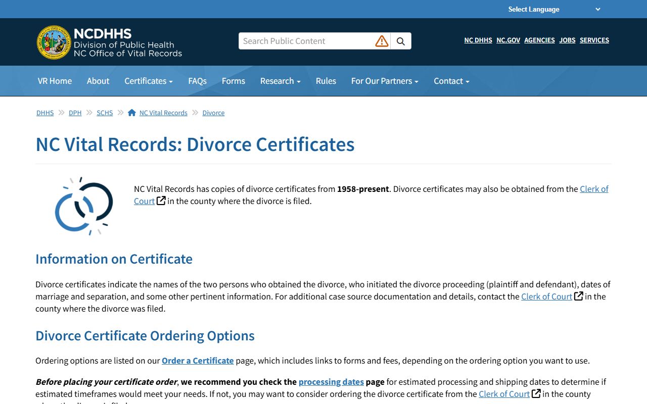 Wake County divorce records North Carolina Vital Records divorce certificates