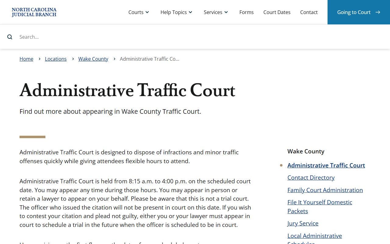 Wake County traffic court records Administrative Traffic Court